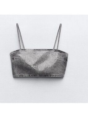 Zara Silver Sequin Spaghetti-Strap Crop Top